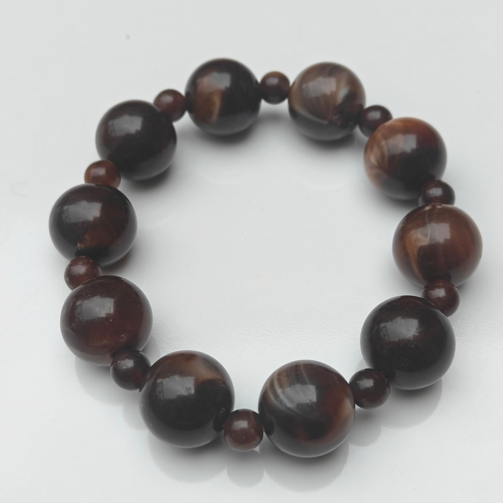 Dark Brown Marbled Beaded Chunky Stretch Bracelet Polished Round Earthy Boho